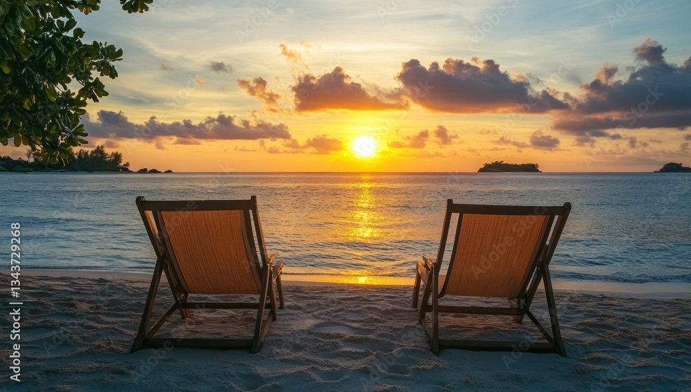 Sunset Serenity: Two Beach Chairs Facing a Tropical Ocean Paradise Sunset Serenity: Two Beach Chairs Facing a Tropical Ocean Paradise
