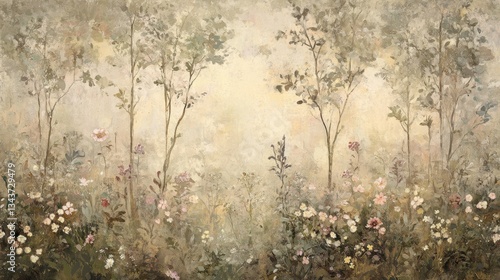 Serene Floral Landscape with Soft Colors and Subtle Details