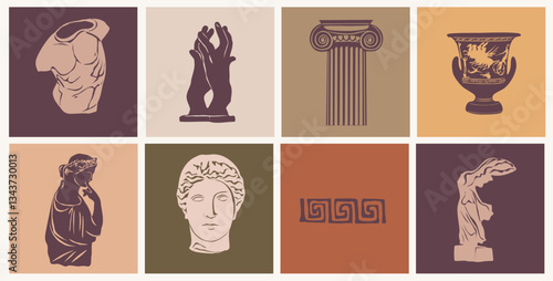 Various Antique statues. Heads of woman, male torso, Nika, hands, amphora. Mythical, ancient Greece style. Classic statues icon set. Hand drawn Vector illustrations isolated on boho palette background