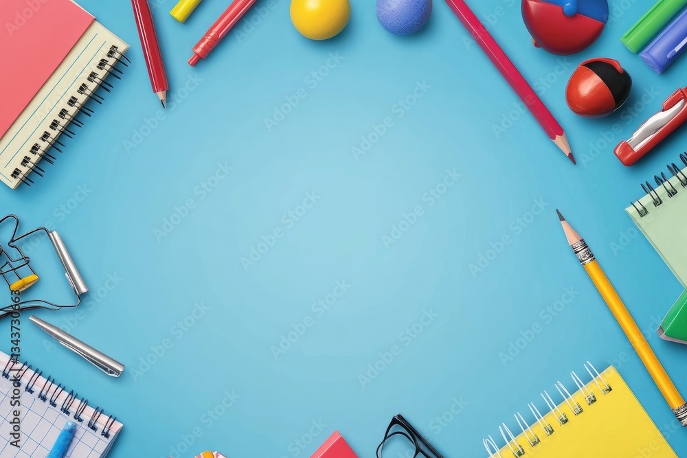 Overhead shot of school supplies on a blue background Overhead shot of school supplies on a blue background