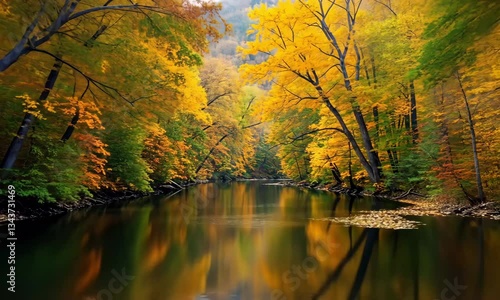 Autumn Forest with a Calm River Reflection