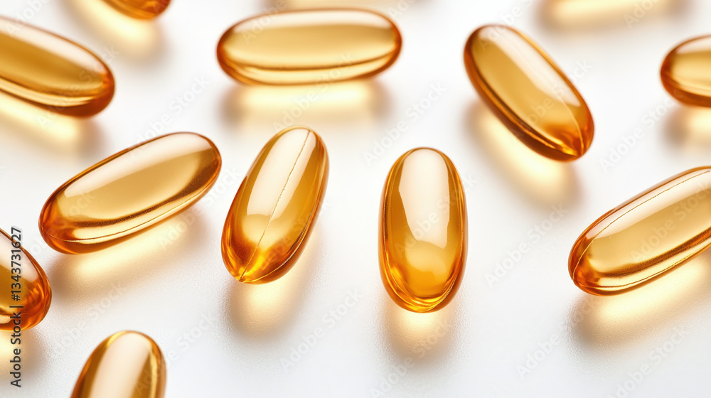 Glossy transparent capsules scattered on white surface Glossy transparent capsules scattered on white surface