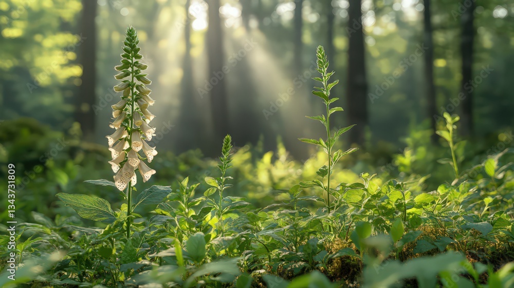 Sunlit Forest Floor Wildflowers Ferns Lush Green Foliage Tranquil Nature Scene Sunlit Forest Floor Wildflowers Ferns Lush Green Foliage Tranquil Nature Scene