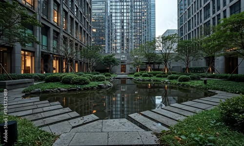 Modern Urban Courtyard with Pond and Greenery