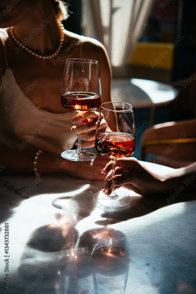 Glasses of rose wine seen during a friendly party or a celebration in a restaurant of a bar.