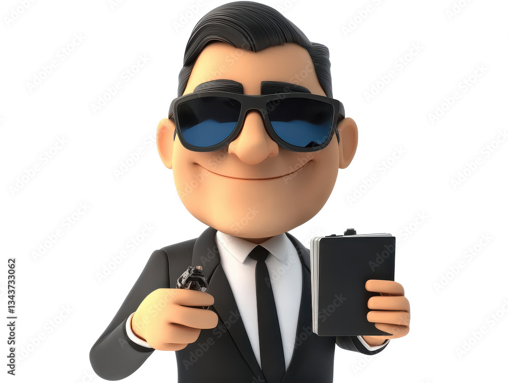 Cartoon character in suit with sunglasses holding a gun and notebook on Isolated on white transparent background Cartoon character in suit with sunglasses holding a gun and notebook on Isolated on white transparent background