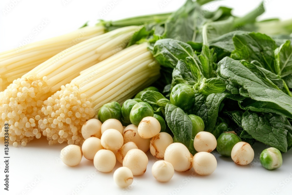Fresh ingredients for a healthy meal with noodles, greens, and vegetables on a bright surface Fresh ingredients for a healthy meal with noodles, greens, and vegetables on a bright surface