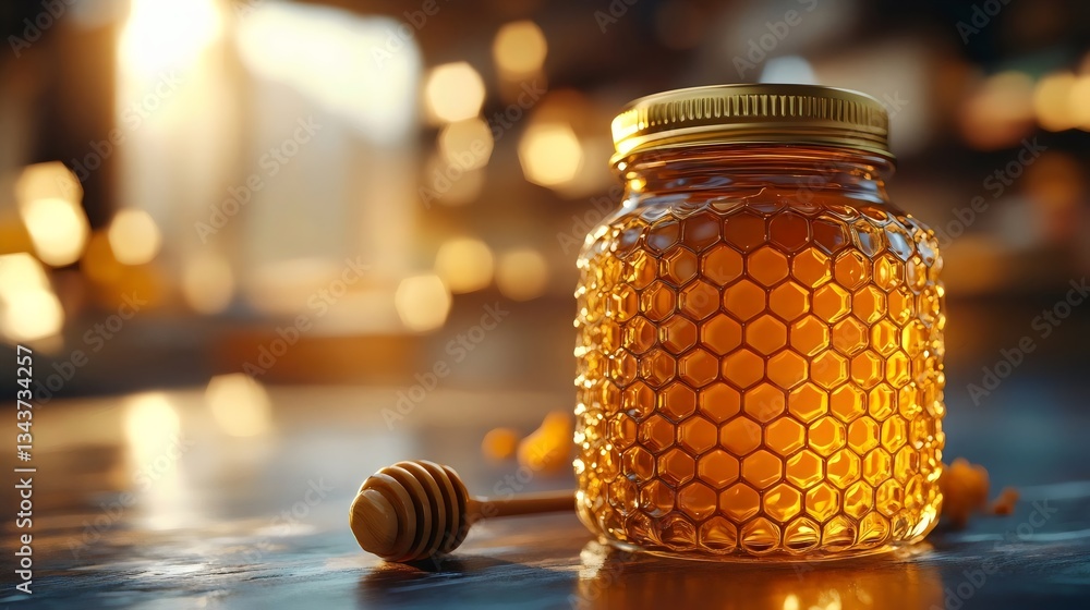 A jar of honey is sitting on a table next to a honeycomb A jar of honey is sitting on a table next to a honeycomb