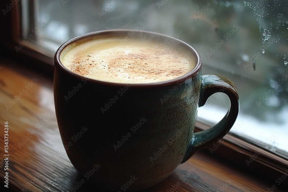 Obraz premium Warm cup of spiced beverage resting on a wooden windowsill during a chilly day