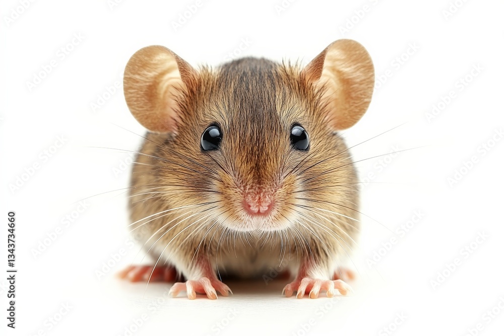Cute small mouse with large ears sits calmly against a white background, showcasing its whiskers and bright eyes Cute small mouse with large ears sits calmly against a white background, showcasing its whiskers and bright eyes