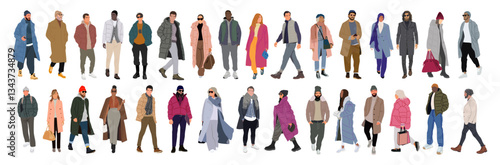 Bundle of modern people wearing Street fashion autumn, winter warm clothes. Men and women  in trendy outwear standing and walking. Cartoon characters vector illustration on transparent background.