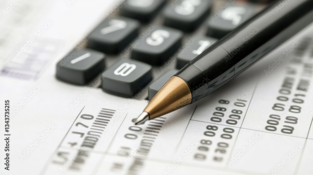 Close-up of a black pen resting on financial documents with a calculator in the background, symbolizing budgeting Close-up of a black pen resting on financial documents with a calculator in the background, symbolizing budgeting