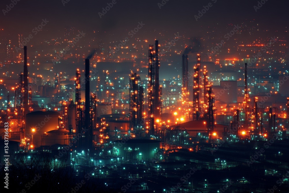 Fototapeta premium Industrial complex illuminated at night showcasing intricate patterns of lights and structures