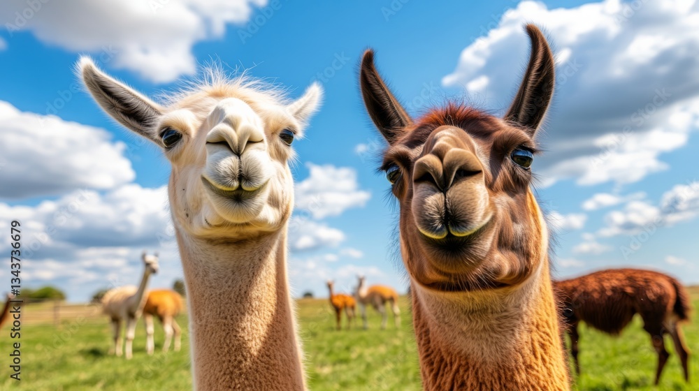 Obraz premium Two Llamas Close Up Portrait Sunny Day, Fluffy Friends, Happy Faces, Farm Animals llama, alpaca, portrait