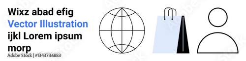 Globe with grid lines, shopping bags, and user icon highlight international e-commerce and connectivity. Ideal for business, marketing, retail, customer experience, globalization, networking simple