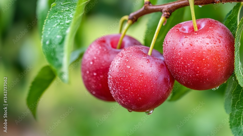 Three Dew-Kissed Plums on Branch Close-up Macro Photography, Nature, Fruit, Red, Plums, Orchard Plums, Macro photography Three Dew-Kissed Plums on Branch Close-up Macro Photography, Nature, Fruit, Red, Plums, Orchard Plums, Macro photography
