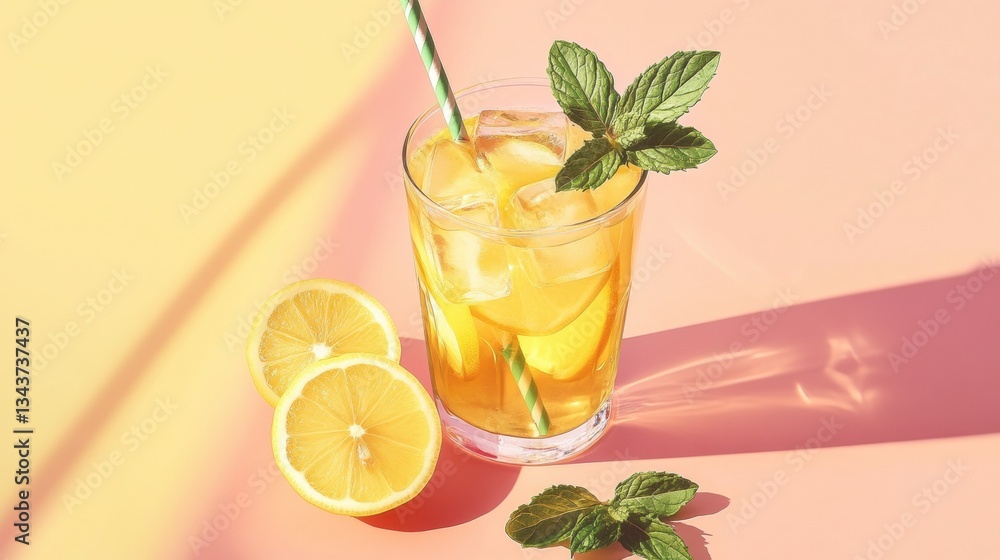 A refreshing glass of iced tea with lemon slices, mint leaves, and a straw, styled with summer vibes A refreshing glass of iced tea with lemon slices, mint leaves, and a straw, styled with summer vibes