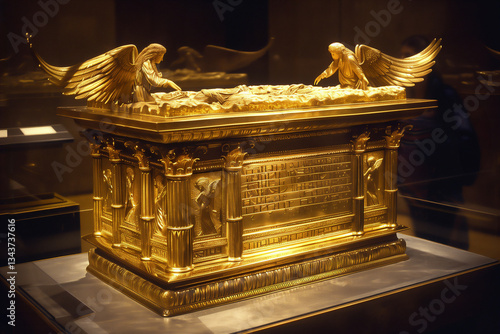 Ark of the Covenant a sacred golden chest built by the Israelites which holds the Ten Commandments given to Moses by God on Mount Sinai, Old Testament Bible stock illustration