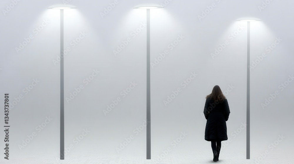 Fototapeta premium A lone woman in a dark coat walks away from the viewer in a foggy, dimly lit urban landscape. Three tall, slender light posts cast pools of light on the misty ground.