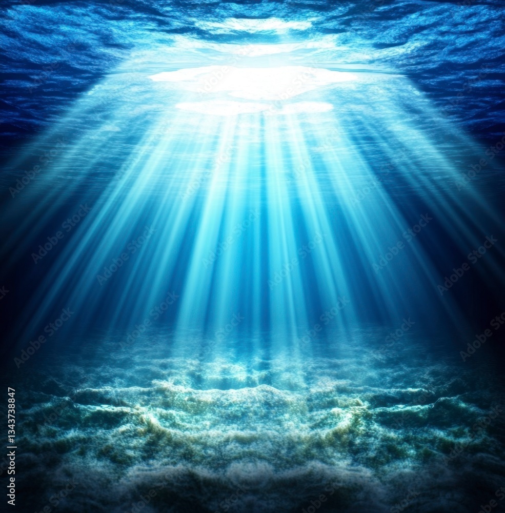 Naklejka premium Underwater scene with sunbeams piercing through the dark blue water, illuminating the sandy ocean floor. 