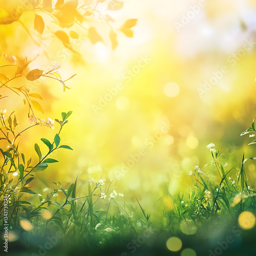 Gazon Vert au Soleil avec Effet Bokeh, Lumière Douce et Ambiance Naturelle Paisible
