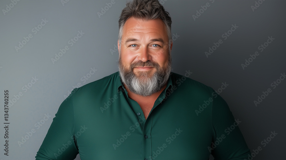 Obraz premium Portrait of an overweight man wearing a green shirt on a gray background. 
