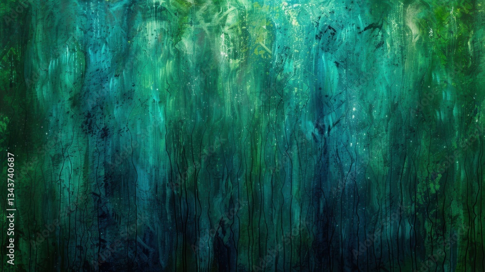 A lush abstract painting depicting deep greens and blues, resembling a serene underwater environment with fluid, graceful textures. A lush abstract painting depicting deep greens and blues, resembling a serene underwater environment with fluid, graceful textures.