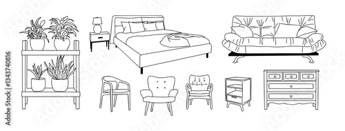 Collection of elegant modern furniture and home interior decorations of trendy Mid Century modern retro 70s t style hand drawn black sketch on transparent background. Monochrome vector illustration.