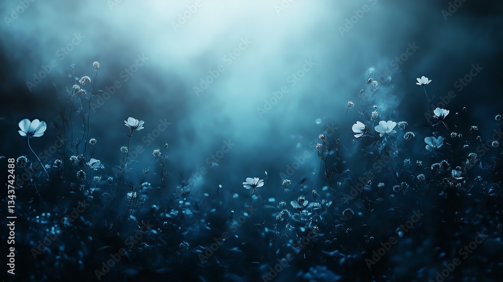 Naklejka premium Mysterious blue-toned floral landscape with soft fog and delicate flowers creating an enchanting atmosphere.