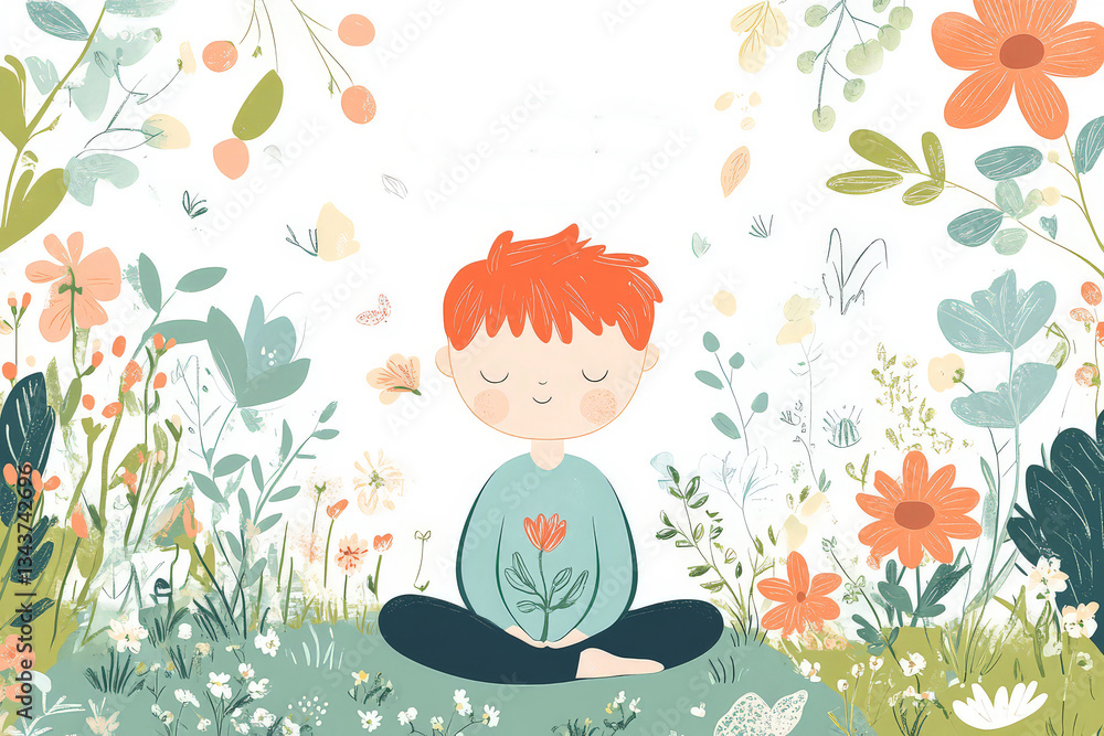 custom made wallpaper toronto digitalA serene image of a child meditating in a peaceful garden, focusing on mindfulness as part of their scoliosis treatment, with soft flowers and gentle sunlight