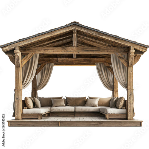 the front view of a rustic open air lounge cabana a person might find at a high end ski resort. PNG
