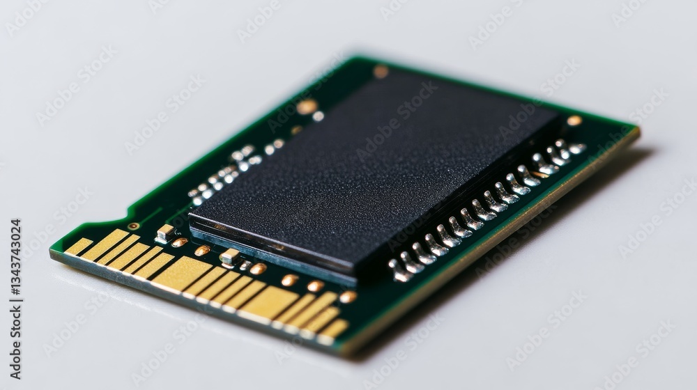 Close-up of Green PCB with Black Memory Chip, High-Resolution Image, Electronics Concept,Memory Module, RAM Memory, Electronics Close-up of Green PCB with Black Memory Chip, High-Resolution Image, Electronics Concept,Memory Module, RAM Memory, Electronics
