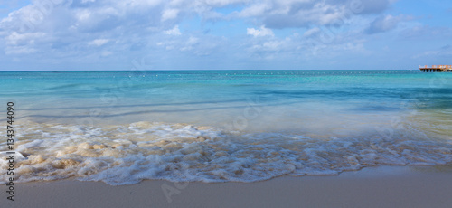 Tropical paradise beach with white sand and blue sky.