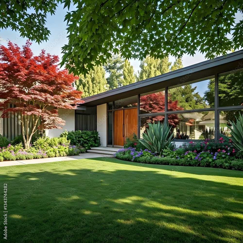 Naklejka premium A mid-century modern home with floor-to-ceiling windows, a wide front lawn with sculpted plants, ornamental trees, and colorful flowers, Ai Generated