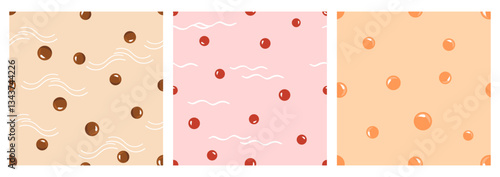 Seamless patterns with bubble milk tapioca balls, strawberry or cherry and orange balls flavors on milk tea wave texture vector illustration.