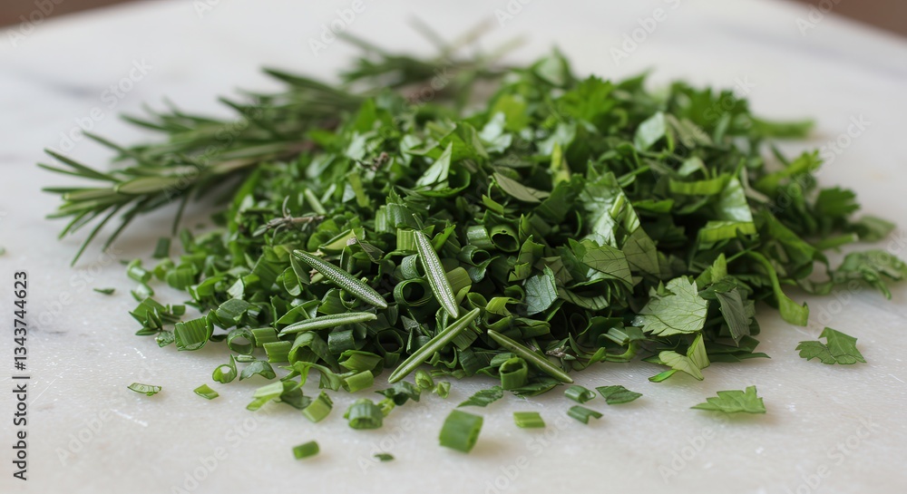 Freshly Chopped Green Herbs on Marble Cutting Board Preparation Freshly Chopped Green Herbs on Marble Cutting Board Preparation