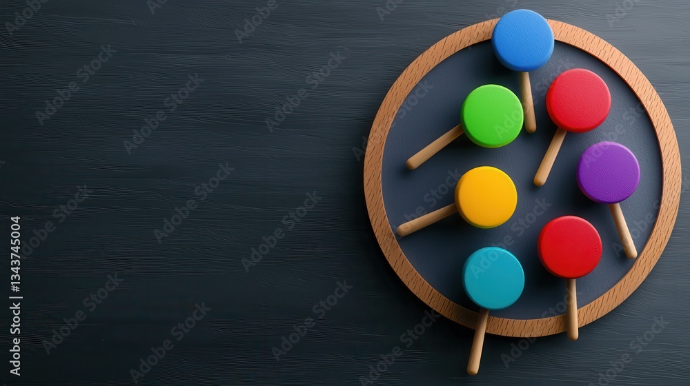 Colorful wooden pegs arranged on a circular base, featuring vibrant colors against a dark background, ideal for educational play. Colorful wooden pegs arranged on a circular base, featuring vibrant colors against a dark background, ideal for educational play.