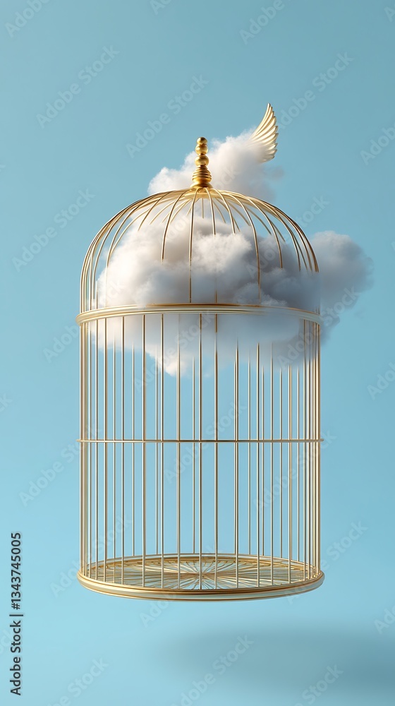 Obraz premium cloud inside a golden cage on a soft blue background