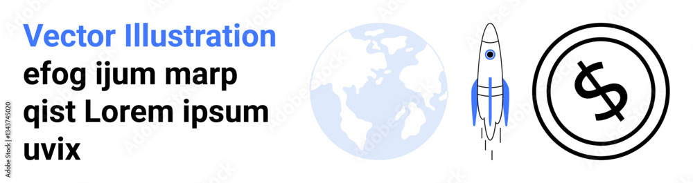 Rocket launching near Earth globe and financial coin icon. Ideal for technology, finance, startups, space exploration, globalization, innovation, economic trends. Abstract line flat metaphor Rocket launching near Earth globe and financial coin icon. Ideal for technology, finance, startups, space exploration, globalization, innovation, economic trends. Abstract line flat metaphor