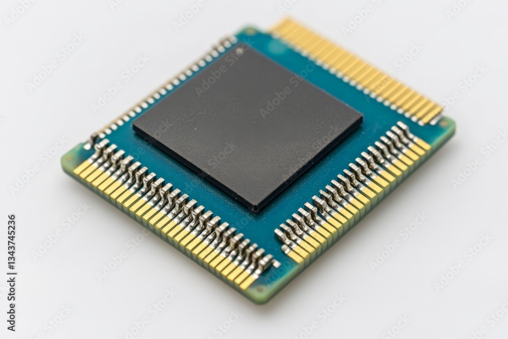 Microprocessor with gold pins on a circuit board, showcasing detailed engineering and design elements in technology Microprocessor with gold pins on a circuit board, showcasing detailed engineering and design elements in technology