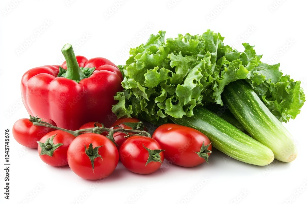 Fresh vegetables including red bell pepper, tomatoes, cucumbers, and lettuce arranged on a clean surface Fresh vegetables including red bell pepper, tomatoes, cucumbers, and lettuce arranged on a clean surface