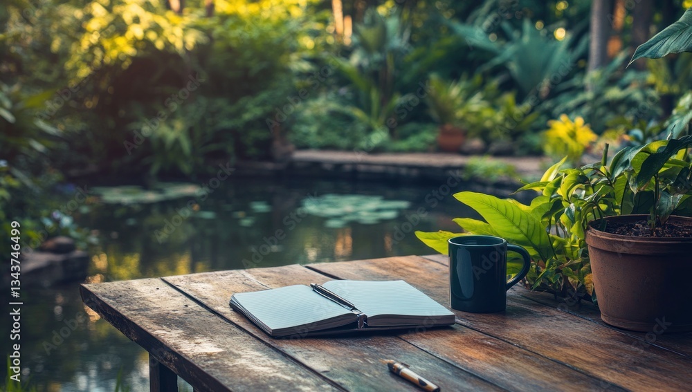 Fototapeta premium Peaceful Garden Oasis: Notebook, Coffee, and Tranquility by the Pond