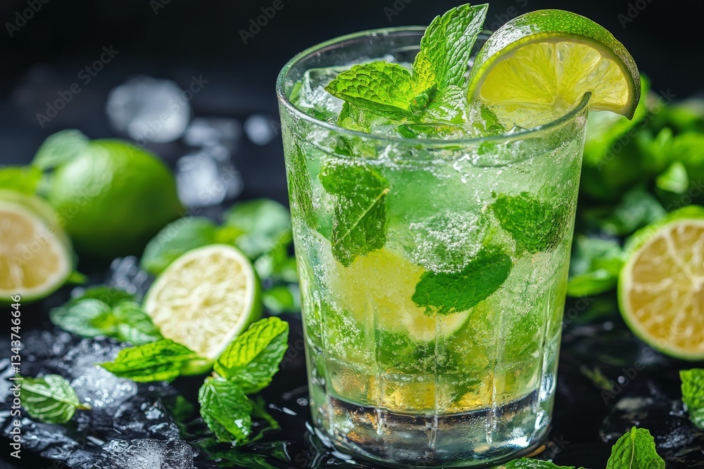 Refreshing summer drink with mint and lime garnished with fresh ingredients Refreshing summer drink with mint and lime garnished with fresh ingredients