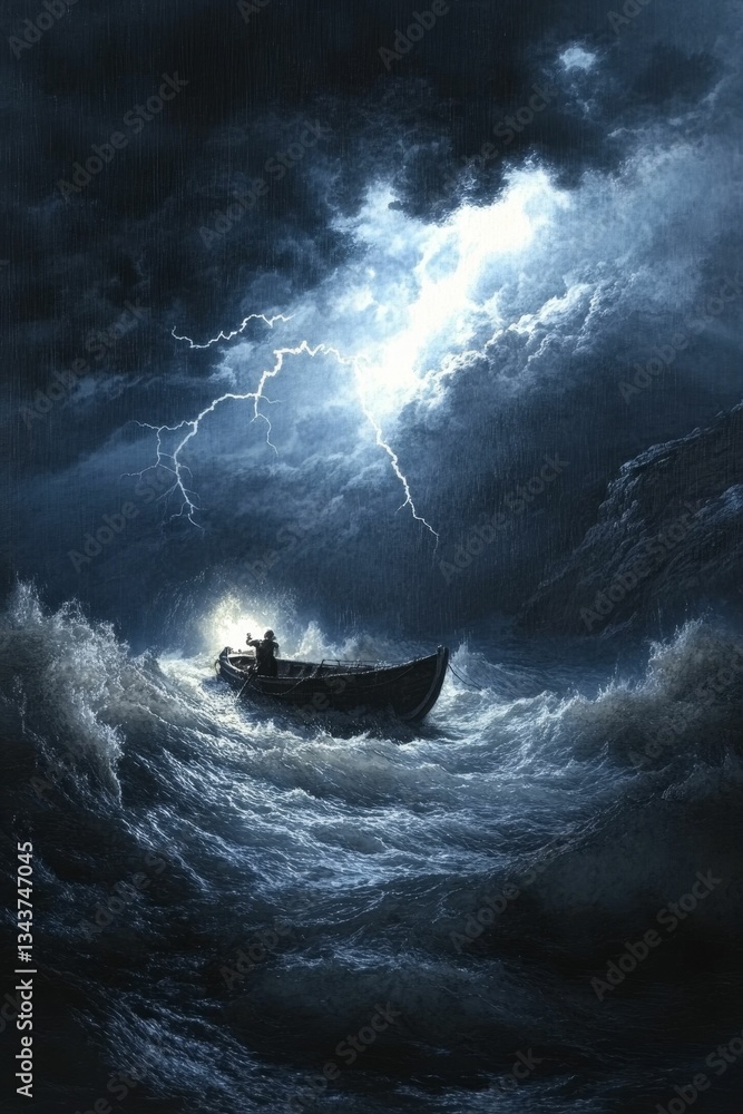 Obraz premium Boat in storm dark ominous swirling sea.