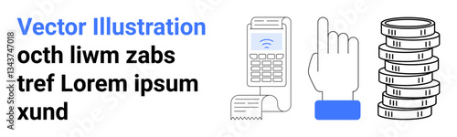 NFC terminal, finger pointing gesture, printed receipt, coin stack highlighting contactless payment. Ideal for finance, e-commerce, banking, fintech, cashless economy digital wallet simple landing