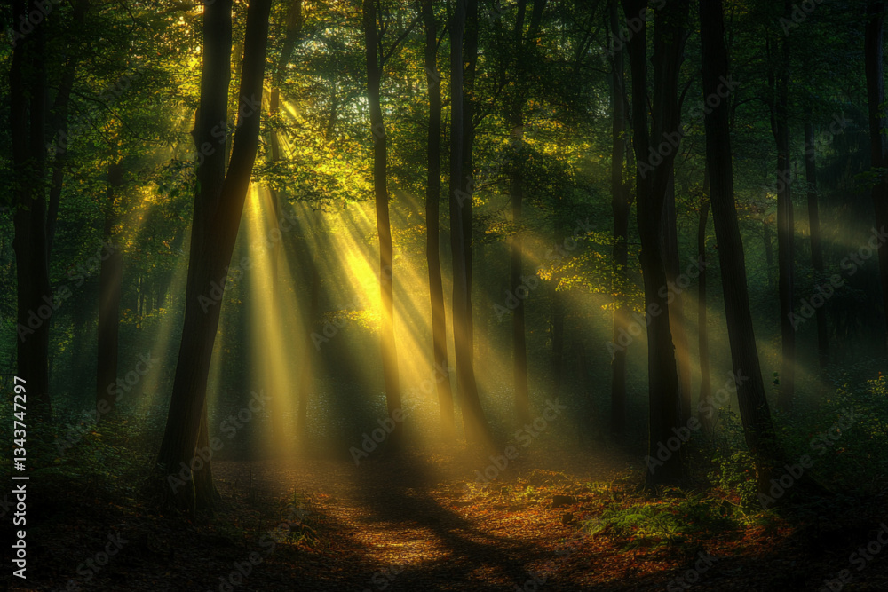 Sunlight shining through the trees in a forest with tall grass Sunlight shining through the trees in a forest with tall grass