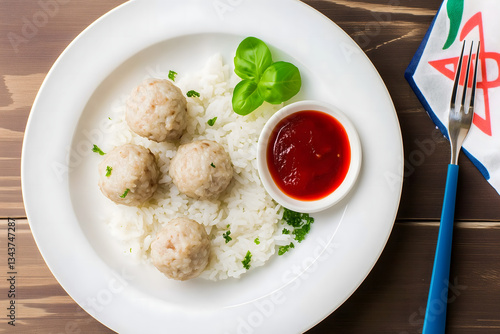 Meatballs with Rice and Tomato Sauce on White Plate
