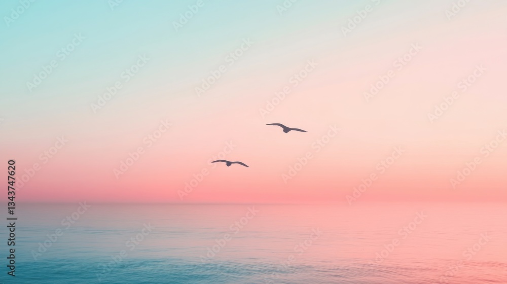 Fototapeta premium Serene Seascape with Seagulls Against a Pink and Blue Horizon