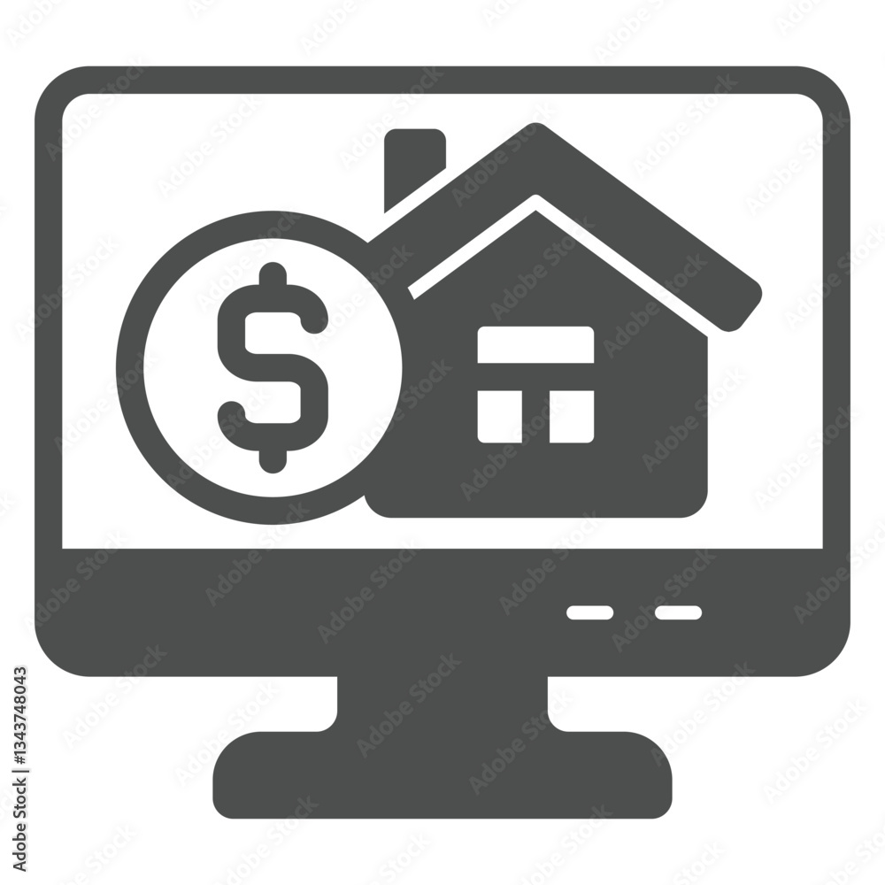 Monitor screen with coin and house solid icon, housing market concept. Vector graphics. Display with money, building sign on white background, glyph style icon for mobile or web design. Monitor screen with coin and house solid icon, housing market concept. Vector graphics. Display with money, building sign on white background, glyph style icon for mobile or web design.