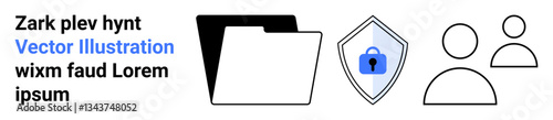Black folder, shield with lock, and user icons represent data privacy, user management, security. Ideal for cybersecurity, storage, business tools, shared access identity protection IT solutions